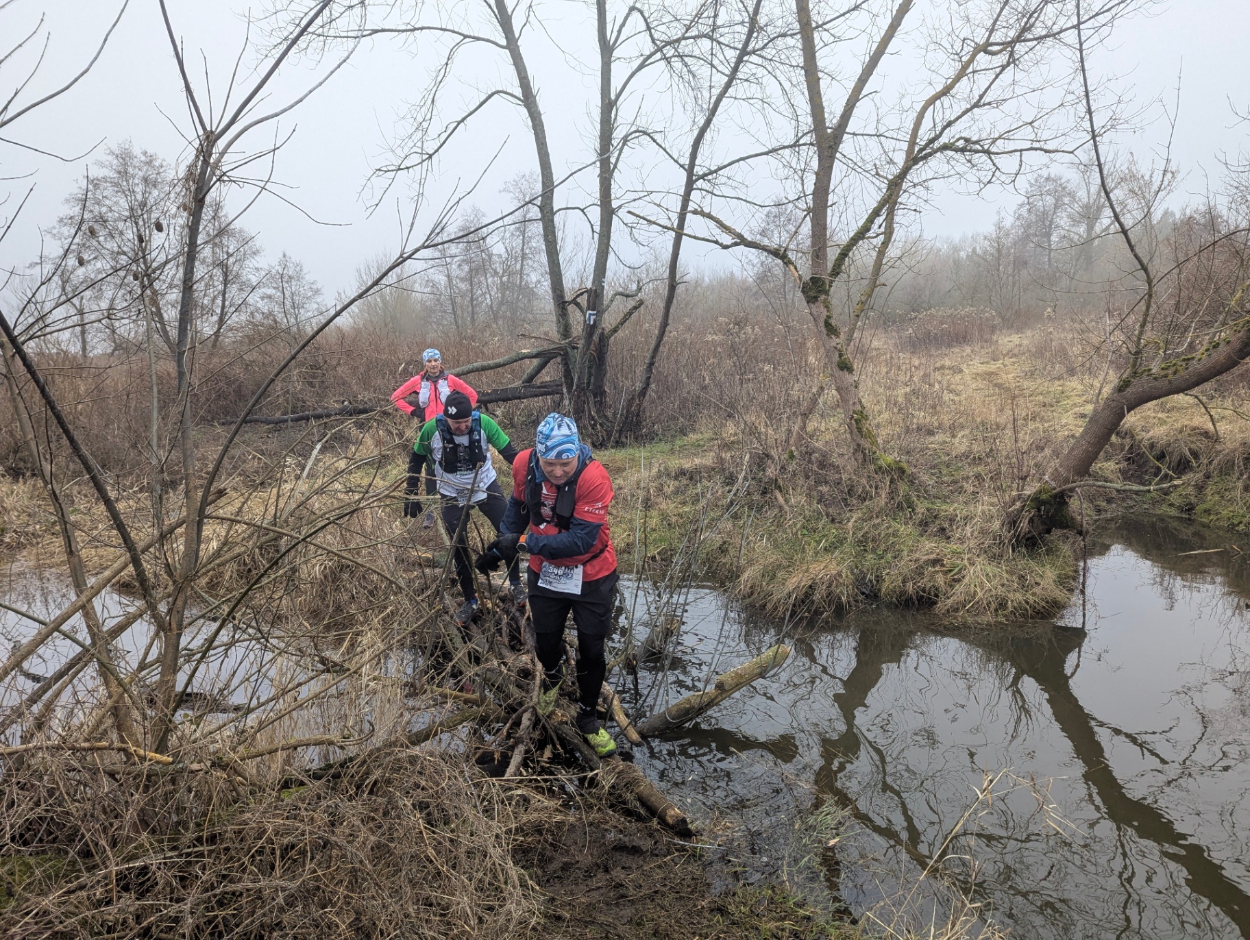 Biegacze pokonują zwalony konar przez rozlewisko na trasie Ultra River