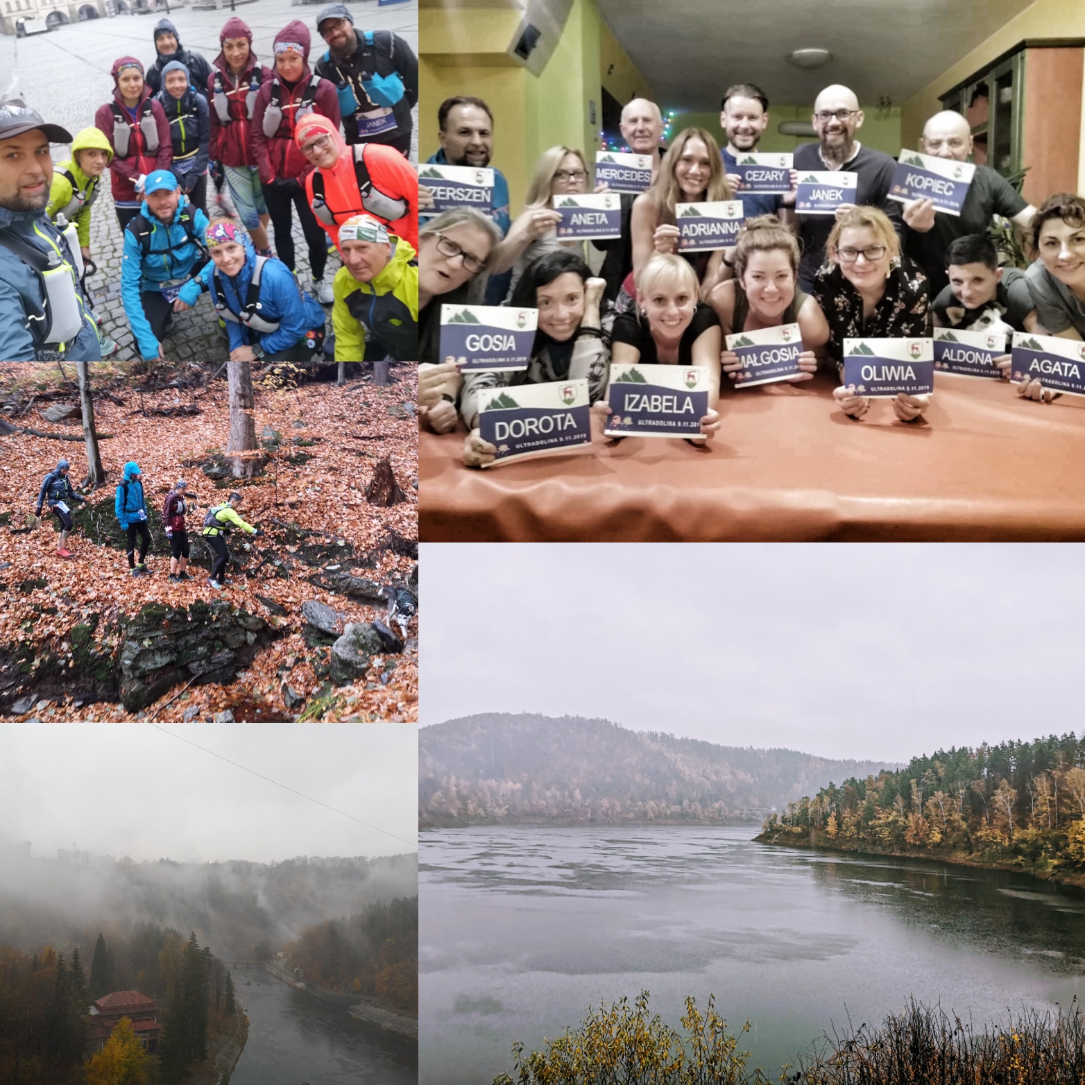 Kadry z pierwszych edycji Ultra Doliny: ekipa na starcie, numery startowe, jesienny las i mgła nad Bobrem